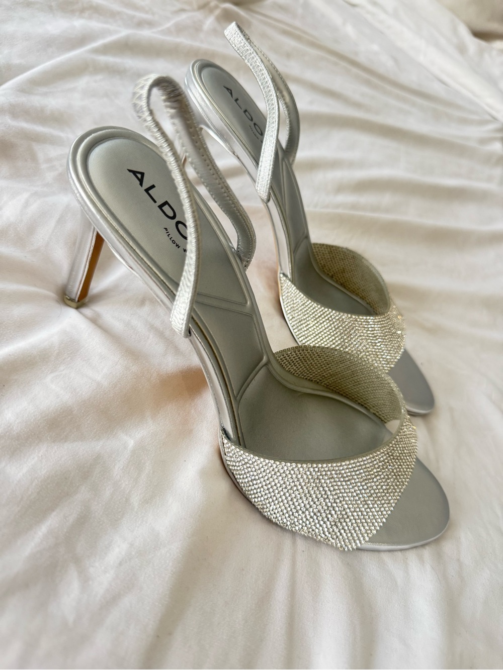 ALDO Silver Crystal-Embellished Open-Toe Slingback Heels